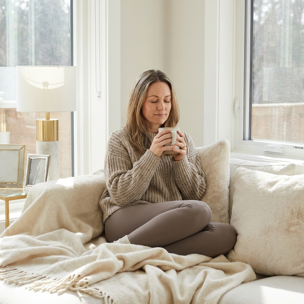 Woman drinking tea calmly