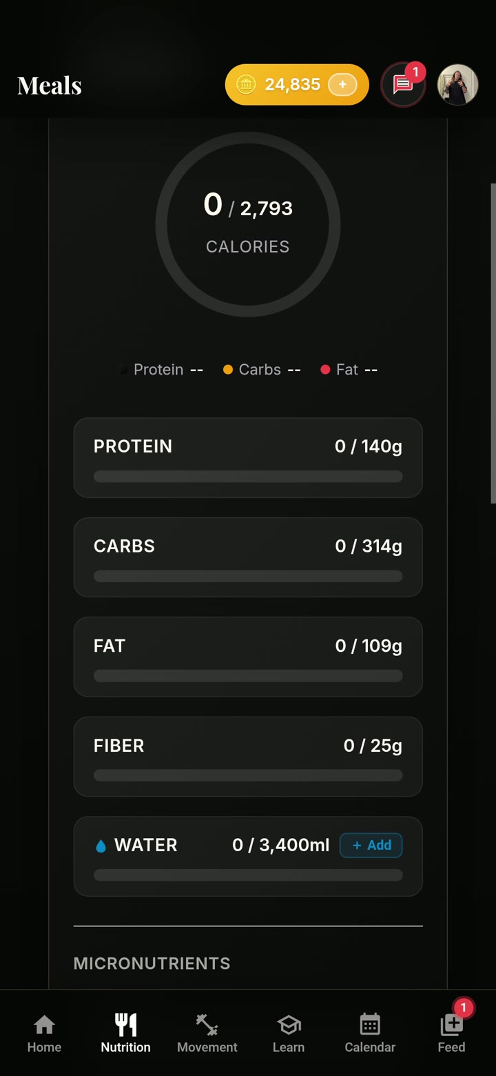 Balance Nutrition screen with vegan food tracking