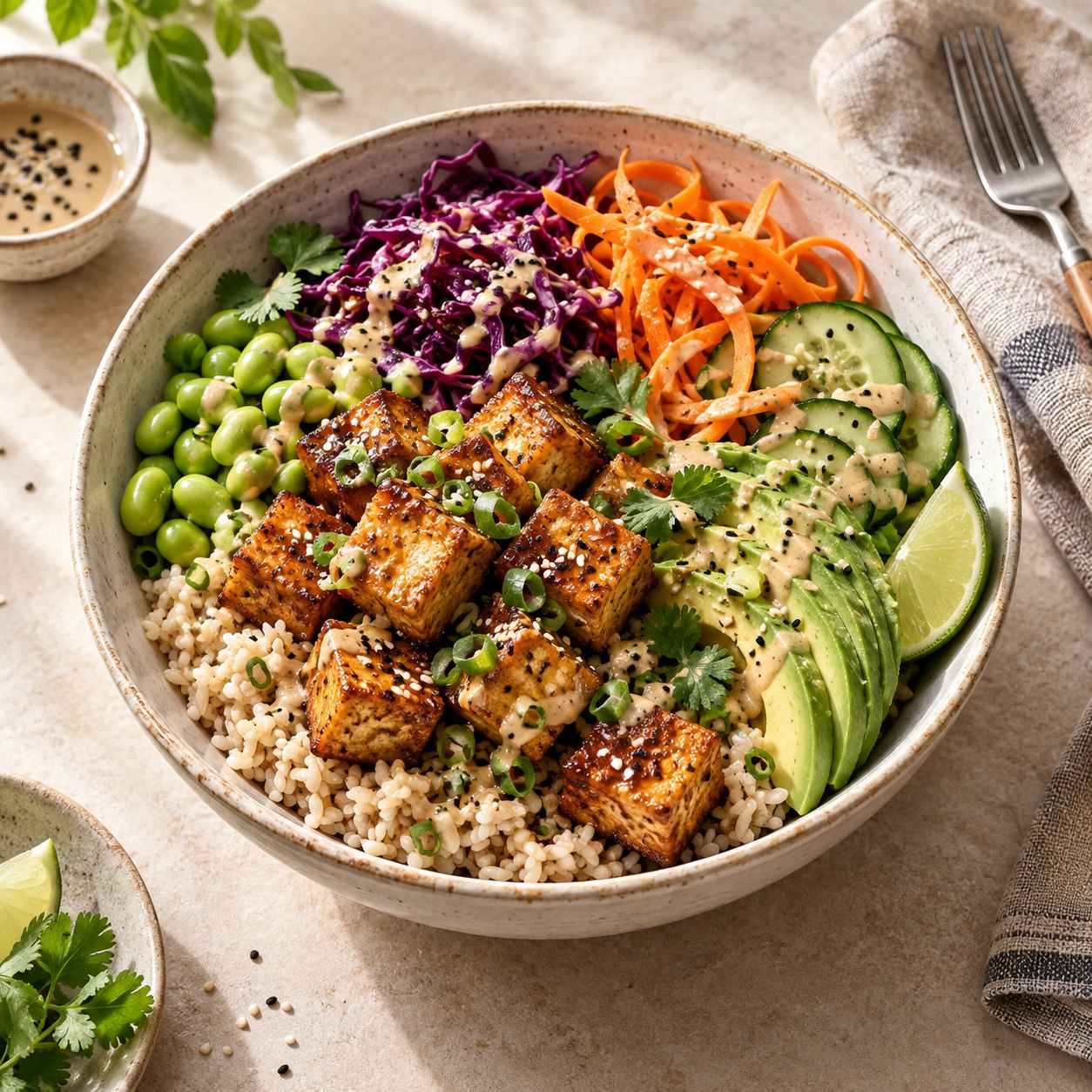 Crispy tofu & rainbow rice bowl